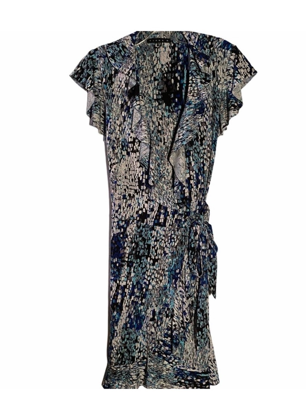 Tiana B. Blue and Black Patterned Ruffle Wrap Dress